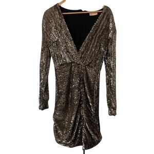 Asos Club L London Ruched Front Long Sleeve Plunge Gold Sequined Dress • Size 6